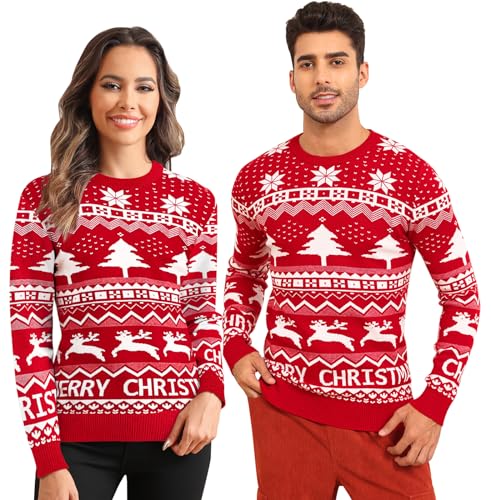 LecGee Couple Christmas Sweater Reindeer Snowflakes Slim Fit Crew Neck Xmas Knitted Sweater Pullover for Women Men