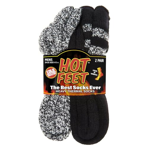 Hot Feet Men's 2 Pairs Heavy Thermal Socks - Thick Insulated Crew for Cold Weather,Black W/ Grey Stripe and Black Grey Marl,10-13Hot Feet Men's 2 Pairs Heavy Thermal Socks - Thick Insulated Crew for Cold Weather,Black W/ Grey Stripe and Black Grey Marl,10-13