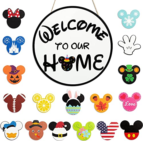 SUPYFD 19Pcs Cute Mouse Interchangeable Seasonal Welcome Door Sign for Front Door Decor, Welcome to Our Home Sign with Interchangeable Holiday Pieces for Farmhouse/Wall/Porch Decor and Housewarming