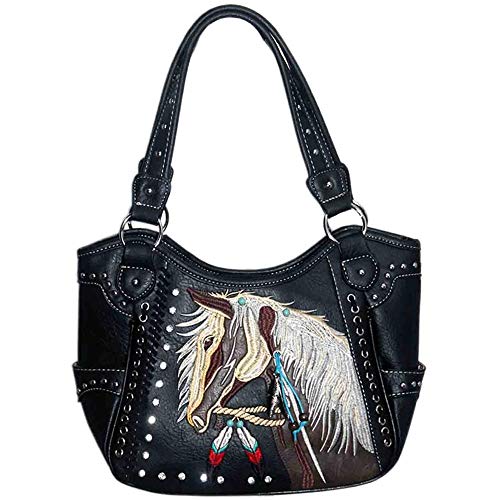Justin West Dales Pony Horse White Mane Embroidery Feather Conceal Carry Women Handbag Purse (Black Tote Only)