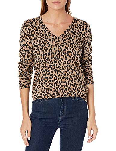 Amazon Essentials Women's Classic-Fit Lightweight Long-Sleeve V-Neck Sweater (Available in Plus Size), Camel Leopard, Large