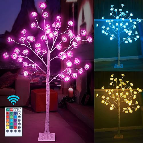 IJG Rose Tree Light 4FT 48 LED Color Changing Lighted Tree with Remote, RGB Rose Flower Lamp for Indoor Outdoor Home Valentines Day Gift Wedding Decorations Tree