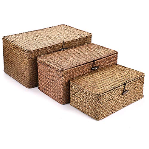 Hipiwe Set of 3 Natural Seagrass Storage Baskets with Lid - Large Handwoven Wicker Storage Bins Rectangular Household Organizer Boxes Shelf Wardrobe Organizer, Coffee