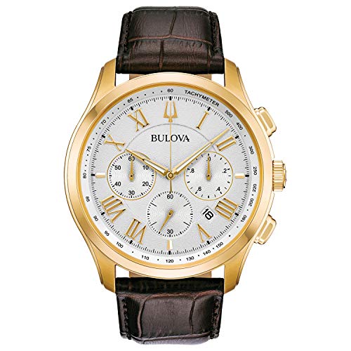 Bulova Men's Classic Wilton 3-Hand 21-Jewel Watch, 60 Hour Power Reserve, Luminous Hands, Open Aperture, Roman Numeral Markers Domed Sapphire Crystal, 43mm, Brown Strap/ Gold Tone