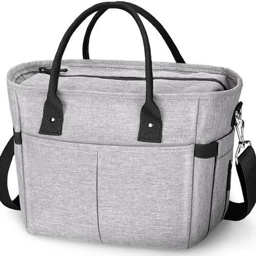 KIPBELIF Insulated Lunch Bags for Women - Large Tote Adult Lunch Box for Women with Shoulder Strap, Side Pockets and Water Bottle Holder, Gray, Standard Size