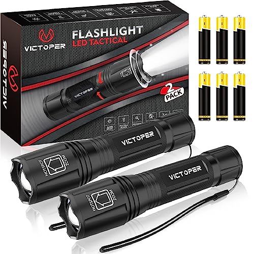 Victoper New Flashlight 2 Pack, 2000 Lumen 5 Modes Tactical LED Flash Light, High Lumens Bright Waterproof Flashlights, Zoomable Flash Lights for Camping Emergencies Outdoor Home, Gift for Dad & Men