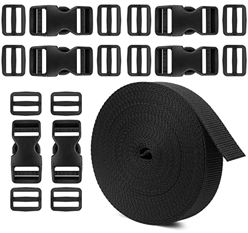 Buckle Straps 1 Inch, Webbing Straps Polypropylene 11 Yards, 6 PCS Adjustable Side Release Plastic Buckles, 12 PCS Tri-Glide Slide Clip, Heavy Duty Straps with Buckles