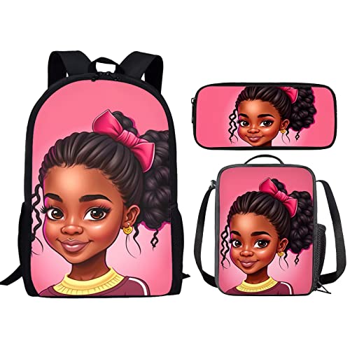 ZOUTAIRONG Afro Black Girl Backpack Lunch Box Set African American Girls School Bags Age 10-12 Year Old,Primary Elementary Kids Bookbag with Lunchbag Pencil Case