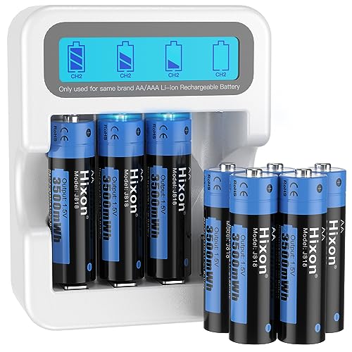 Hixon Rechargeable AA Batteries and LCD Charger,8x3500mWh Rechargeable AA Lithium 1.5V Batteries,Constant Output,Max 3A Current,1600Cycles,Fits for Blink Camera VR/Xbox Gaming Controller.