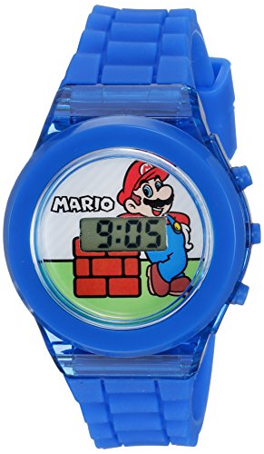 Accutime Super Mario Nintendo Boys' Quartz Digital Kids Watch - 17mm Dial LCD Display, Included LED Flashing Lights, Blue Silicon Plastic Band