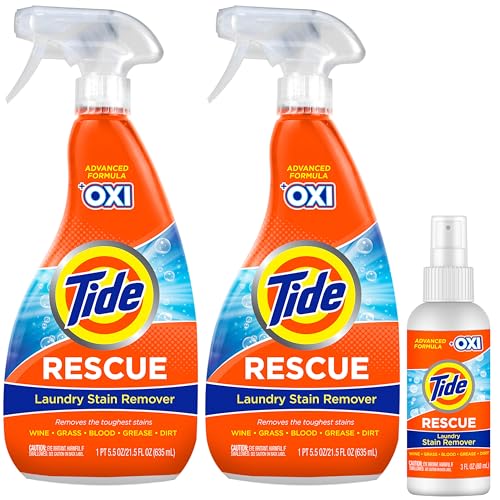 Tide Laundry Stain Remover with Oxi, Rescue Clothes, Upholstery, Carpet and more from Tough Stains, Stain Treater, 22 Fl Oz (Pack of 2) + 3 Fl Oz Travel Size Spray