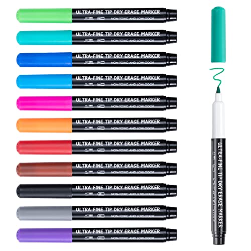 maxtek Dry Erase Markers Ultra Fine Tip, 0.7mm, Low Odor, Extra Fine Point Dry Erase Markers for Planning Whiteboard, Calendar Boards, 12 Count Assorted Colors Whiteboard Markers for Kids