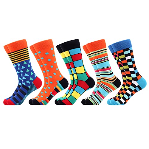WeciBor Men's Dress Colorful Striped Grid Casual Combed Cotton Crew Socks - 5 Pack - Size 10-13