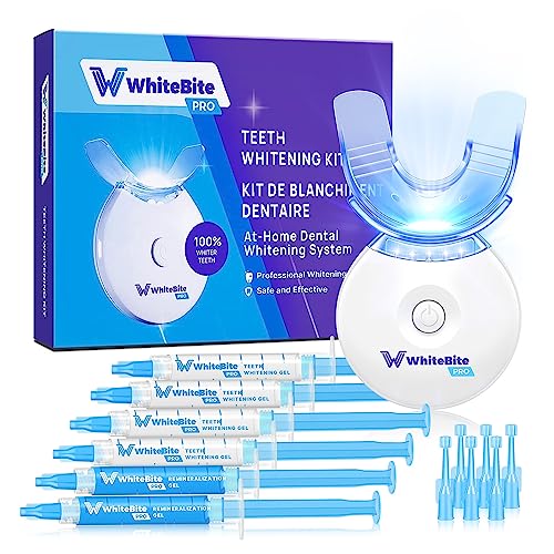 Whitebite Pro Teeth Whitening Kit for Sensitive Teeth with LED Light, 35% Carbamide Peroxide, (4) 3ml Gel Syringes, (2) Remineralization Gel and Mouth Tray