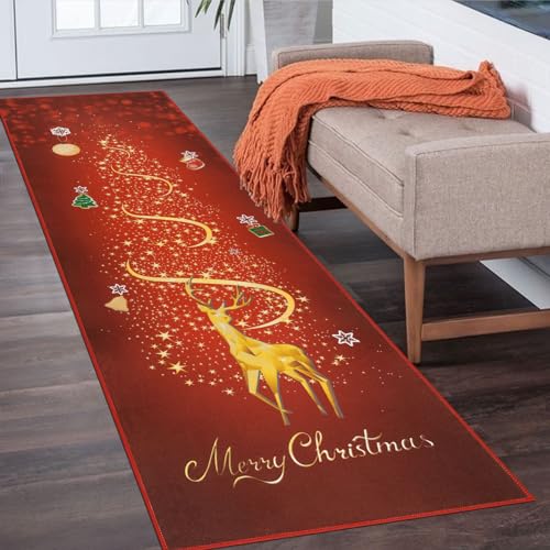 SHACOS Christmas Runner Rug 2x6 Non Slip Low Pile Christmas Rug Reindeer Gold Christmas Tree Red Xmas Carpet Floor Mat for Entryway Hallway Kitchen Bedroom