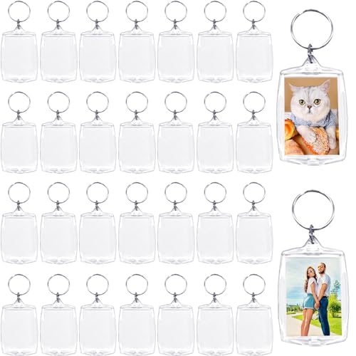 Baaxxango 30pcs Acrylic Photo Frame Keyring,2.16 x 1.5inch/5.5 x 4cm Personalized Keychains,Clear Picture Keychain as Gift,Suit for Artwork