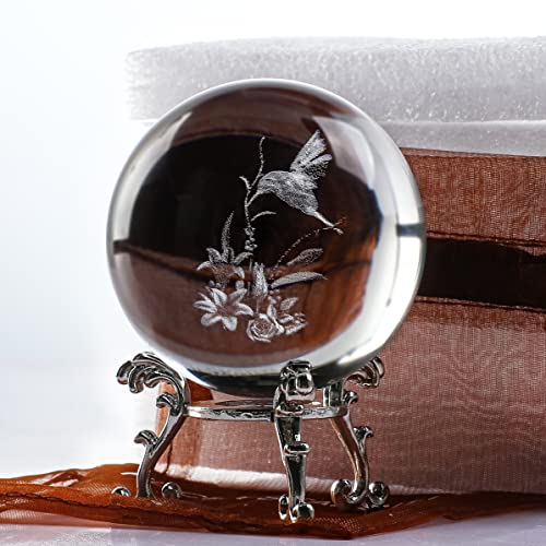 ZEERSHEE 60mm 3D Laser Hummingbird Crystal Ball Paperweight Figurines Glass Crystal Ball with Stand Gift