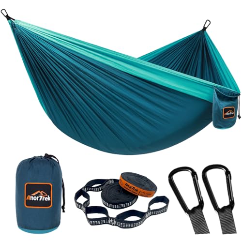 AnorTrek Camping Hammock, Super Lightweight Portable Parachute Hammock with Two Tree Straps Single or Double Nylon Travel Tree Hammocks for Camping Backpacking Hiking, Blue&dark Blue