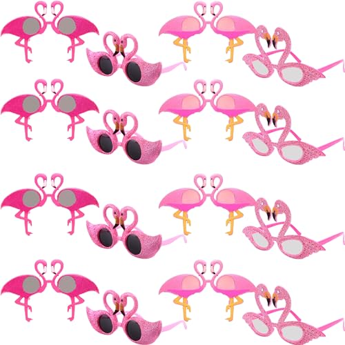 Haconba 16 Pcs Flamingo Sunglasses Novelty Glittered Plastic Flamingo Glasses Hawaiian Flamingo Sunglasses for Kids Adults Summer Beach Pool Luau Party Supplies, 4 Styles