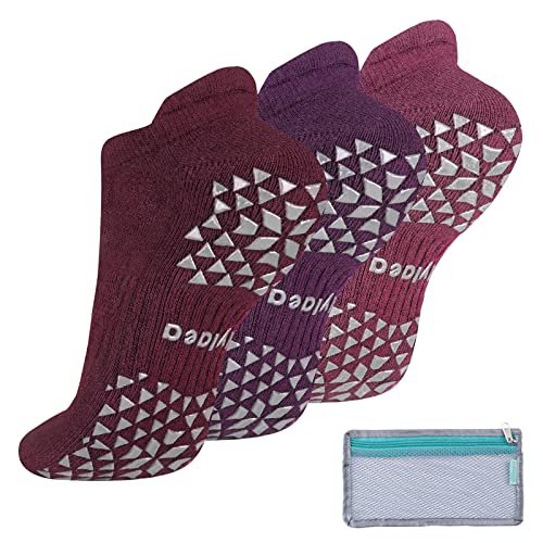 Hylaea Womens & Mens Non Slip Grip Socks with Cushion for Yoga Pilates Barre Home Hospital Socks Pink Purple Red