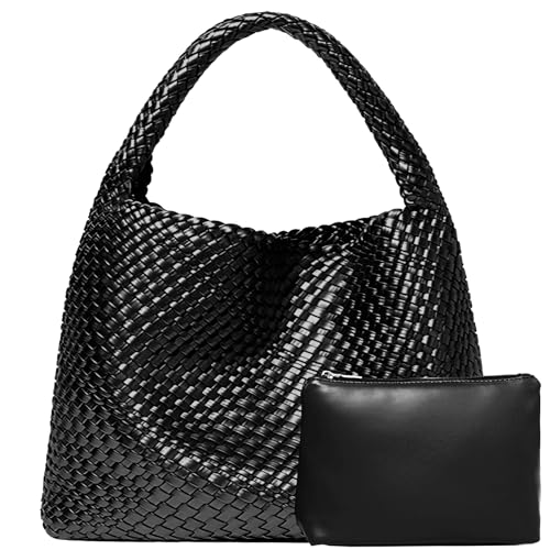 Woven Leather Tote Bag with Purse, Soft Woven Bag Leather Shoulder Women Weekender Bag Shopper Handbag Travel Shoulder Bag (Black)