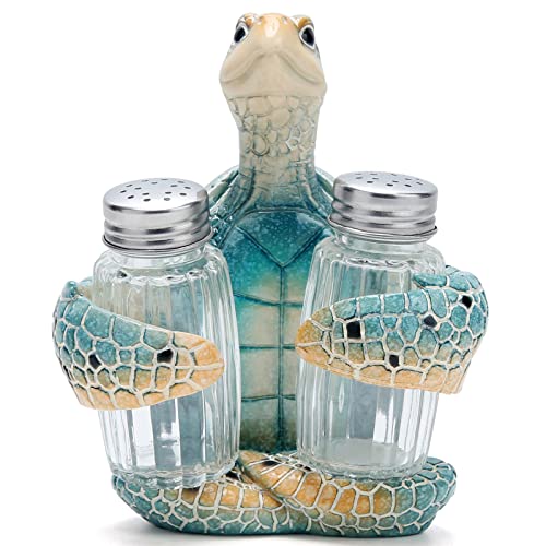 Hodao Sea Turtle With Salt and Pepper Shaker Figurines Decorations Turtle Set with Holder Figurine for Beach Bar or Tropical Kitchen Decor Turtle Table Decorations by Home Gifts (Turtle)