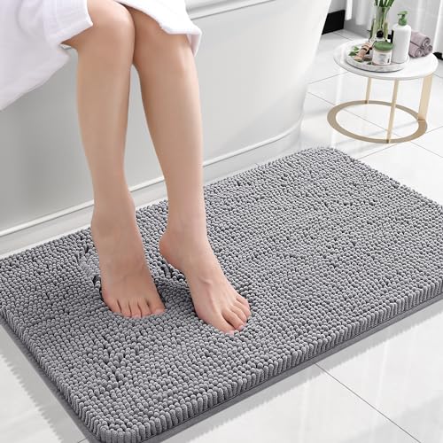 OLANLY Bathroom Rugs 24x16, Extra Soft Absorbent Chenille Bath Rugs, Non-Slip, Dry Quickly, Machine Washable, Bath Mats for Bathroom Floor, Tub and Shower, Grey