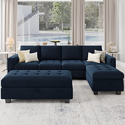 Belffin Velvet Convertible 4-Seat Sectional Sofa with Reversible Chaise L Shaped Sofa Couch Furniture Sets Sectional Couch with Storage Ottoman Blue