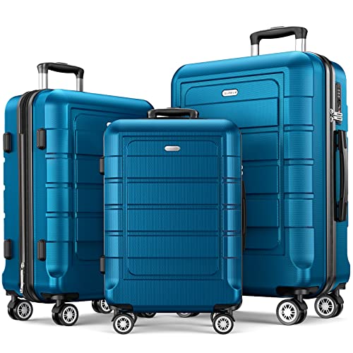 SHOWKOO Luggage Sets Expandable PC+ABS Durable Suitcase Sets Double Wheels TSA Lock Sea Blue- 3PCS