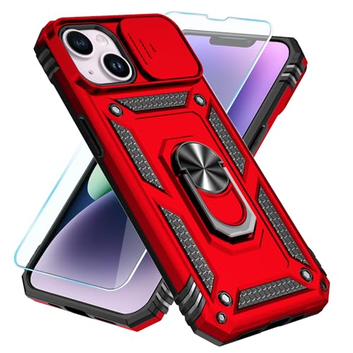 SunStory for iPhone 13 Case, iPhone 14 Case with HD Screen Protector & Slide Camera Cover & Kickstand, iPhone 13/14 Phone Case [Military-Grade] for iPhone 13/14 (Red)