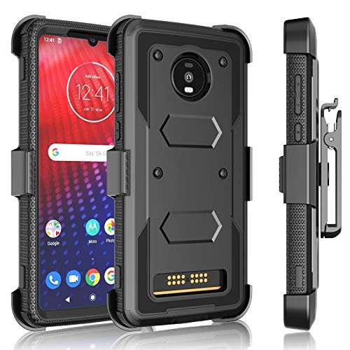 Tekcoo Holster Clip Case for Moto Z4 / Motorola Moto Z4, [Tshell] Shock Absorbing [Built-in Screen] Secure Swivel Locking Belt Defender Full Body Kickstand Carrying Sturdy Phone Cases Cover [Black]
