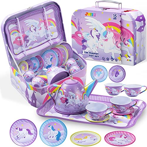 JOYIN Unicorn Tea Party Set for Little Girls, Pretend Purple Tin Teapot Set, Princess Tea Time Play Kitchen Toy with Teapot, Cup, Plate, Carrying Case for Birthday Easter Gift Kids Toddler Age 3 4 5 6