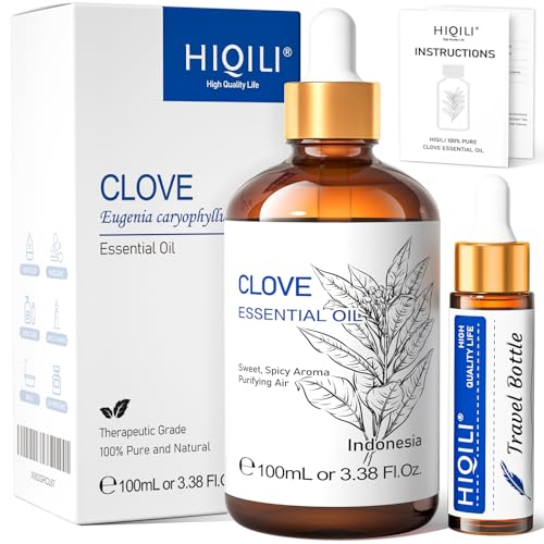 HIQILI 100ML Clove Essential Oil, Pure Natural Clove Oil Premium Quality, Clove Oil Essential Oil for Tooth, Spray, Diffuser - 3.38 Fl Oz