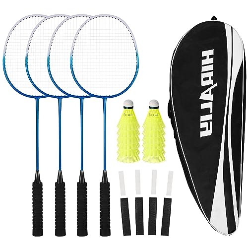 HIRALIY Badminton Rackets Set of 4 for Outdoor Backyards Games, Including 4 Rackets, 12 Nylon Shuttlecocks, 4 Replacement Grip Tapes (Blue)