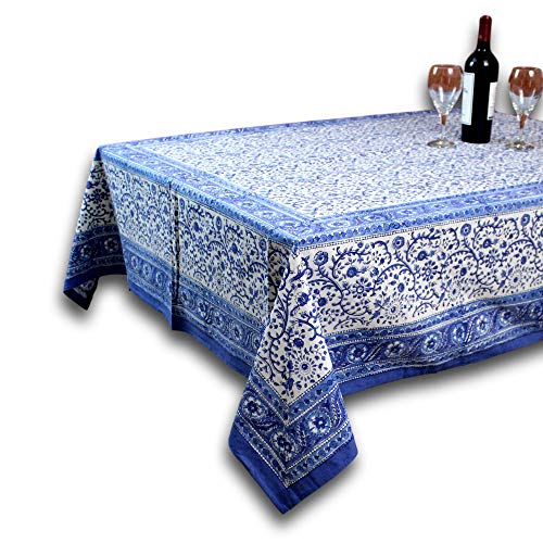 Homestead Rajasthan Block Print Cotton Tablecloth 90' x 60' Blue