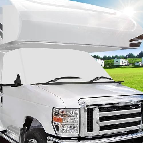 Mofeez RV Windshield Cover Compatible with Class C Ford 1997-2024, UV Block Offer Complete Privacy with Light Preserves Interior (White Color with Mirror Cutouts)