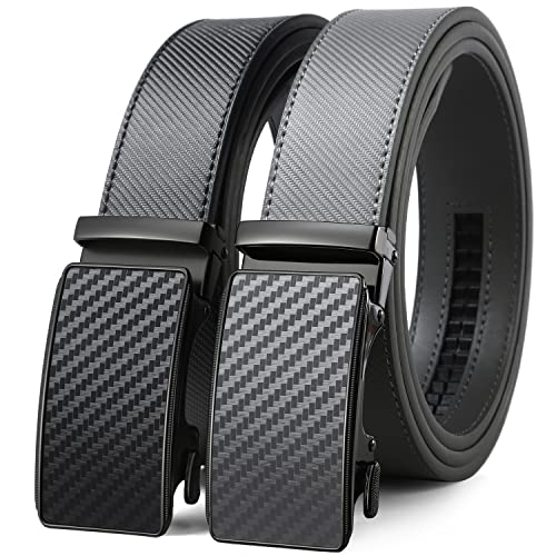 2 Pack Ratchet Belt 1 3/8', Leather Dress Belt with Click Sliding Buckle in Gift Set Box, Mens Adjustable Belt Trim to Fit (Carbon Fiber Black/Gray/Grey, 28'-42' Waist Adjustable)