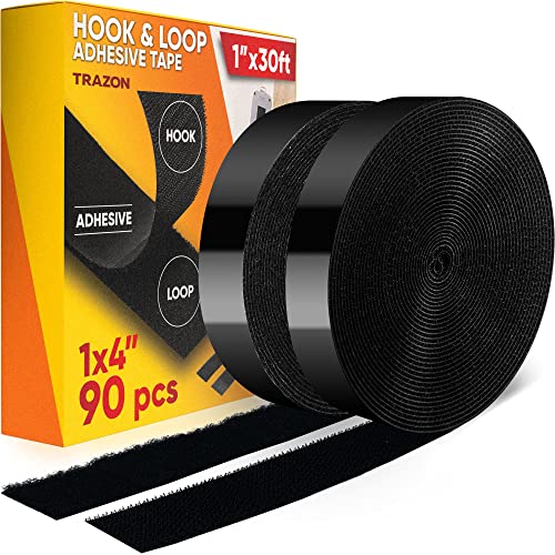 Hook and Loop Tape Roll with Heavy Duty Adhesive Industrial Strength Easy to Cut, Strong Hook and Loop Strips with Sticky Back, Black 1 Inch x 30 Feet