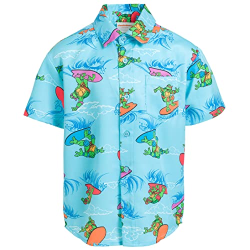 Teenage Mutant Ninja Turtles Leonardo Michelangelo Raphael Big Boys Hawaiian Button Down Shirt Blue 10-12