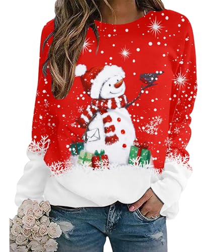 MYHALF Christmas Shirt Women Crewneck Snowman Graphic Sweatshirt Casual Christmas Sweater Shirts Holiday Long Sleeve Tops Red