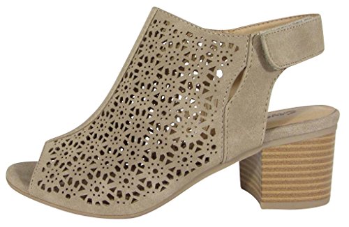 City Classified Footwear Women's Elect Caged Geometric Laser Cut Out Peep Toe Slingback Chunky Stacked Heel Ankle Bootie,Light Taupe Nbpu,7