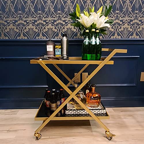 Crofy Gold Bar Cart for The Home, No Screws Assembly Bar Cart, 2-Tier Snack Cart with 2 Black Tempered Glass Shelves, Portable Bar Cart with 2 Lockable Wheels