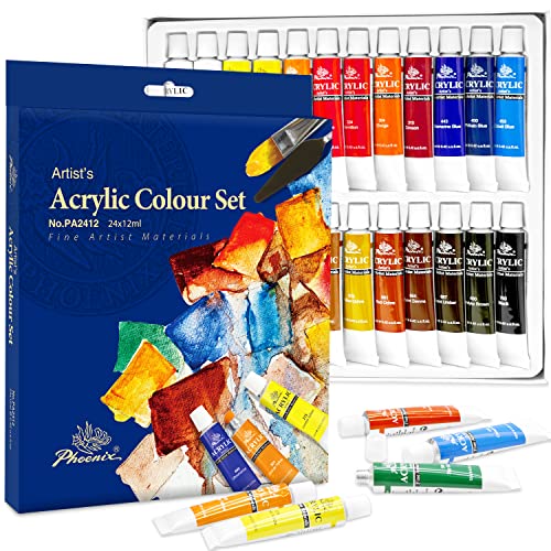 PHOENIX Acrylic Paint Set, 24x12ml Tubes, Non-toxic Craft Rich Pigments Color Paints for Canvas, Paper, Wood, and Ceramic, Great Value Painting Supplies for Adults Kids & Beginners