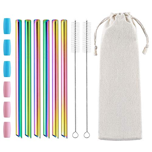 6 Pcs Reusable Boba Straws Smoothie Straws, 0.5' Wide Stainless Steel Straws, Angled Tips Metal Straws for Bubble Tea, Milkshakes, Smoothies with Cleanning Brush & Case (Rainbow)