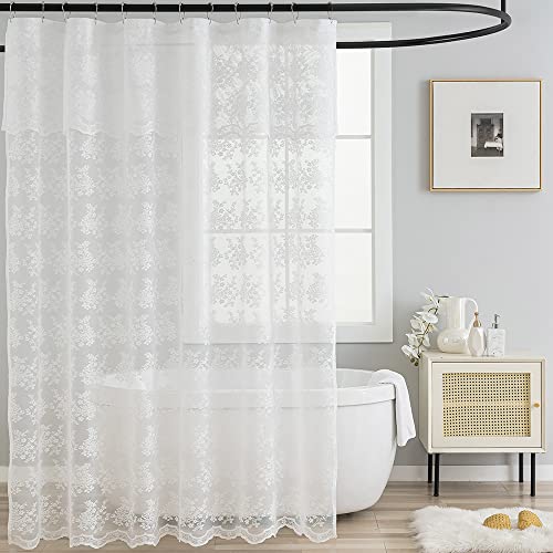 TUDECO White Lace Shower Curtain with Attach Valance, Elegance Sheer Shower Curtain for Bathroom Vintage Boho Shower Curtain Farmhouse French Country Bathroom Decor 72 x 72 Inch, 1 Panel