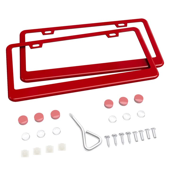 Ohuhu Matte Aluminum License Plate Frame with Red Screw Caps, 2Pcs 2 Holes Red Licenses Plates Frames, Car Licenses Plate Covers Holders for US Vehicles