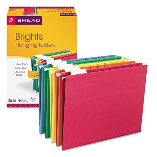 Smead Standard Hanging File Folders, 25 Count, Assorted Primaries, 1/5-Cut Adjustable Tabs, Letter Size (64059)