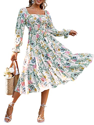 Amegoya Women's Boho Flowy Long Sleeve Floral Midi Dress Square Neck Smocked Tiered Dress(A-Floral S)