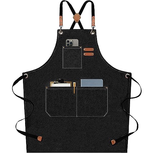 AFUN Chef Aprons for Men Women with Large Pockets, Cotton Canvas Cross Back Heavy Duty Adjustable Work Apron, Size M to XXL (Black)
