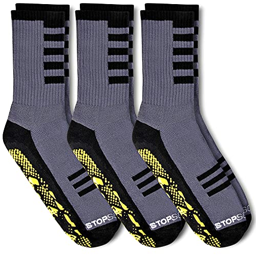 StopSocks - Hospital Socks Plus Yoga, Traction, Gym, Tread, Non Skid, Anti Slip Socks - Megaformer Plus The Perfect Running Sock Grey / Yellow - Crew - 3 Pack Large